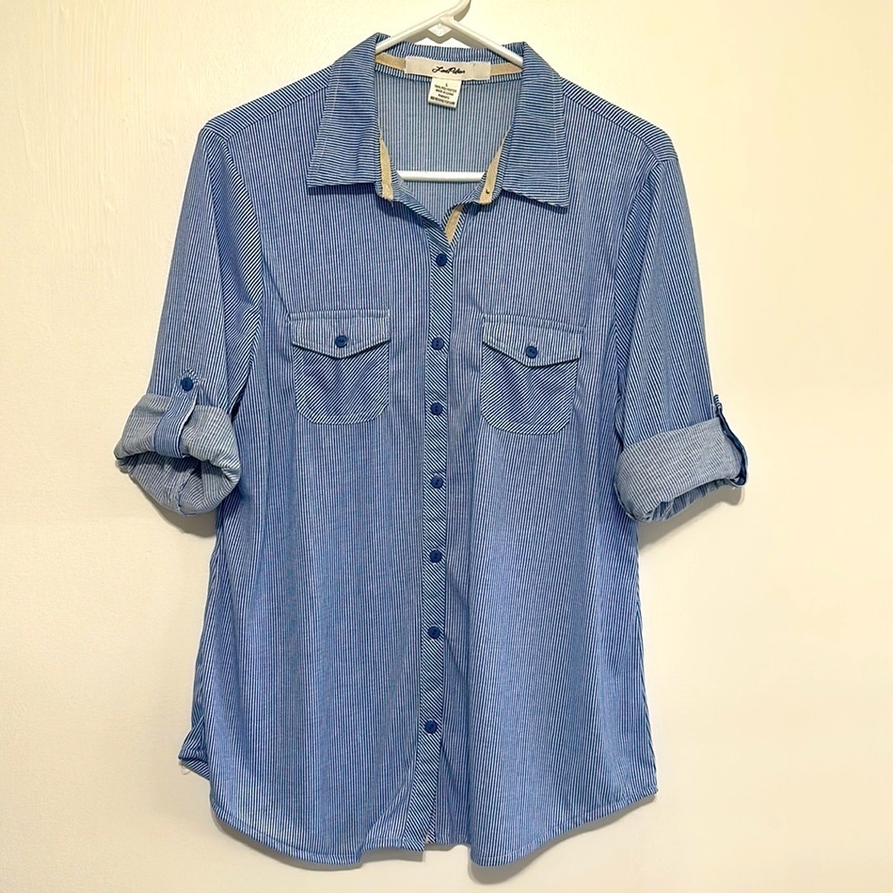 Love Potion blue and white striped button down shirt​​​​​​